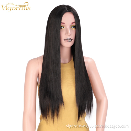 Black Synthetic Straight Long Wavy Hair Wig Middle Part Heat Resistant Fiber No Lace Wig for Women Natural Looking High Quality